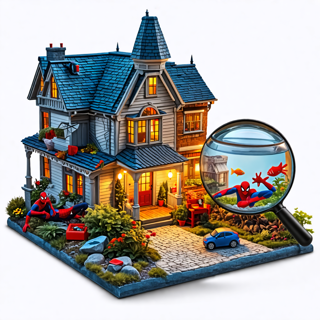 house, magnifying glass, fish tank, spiderman